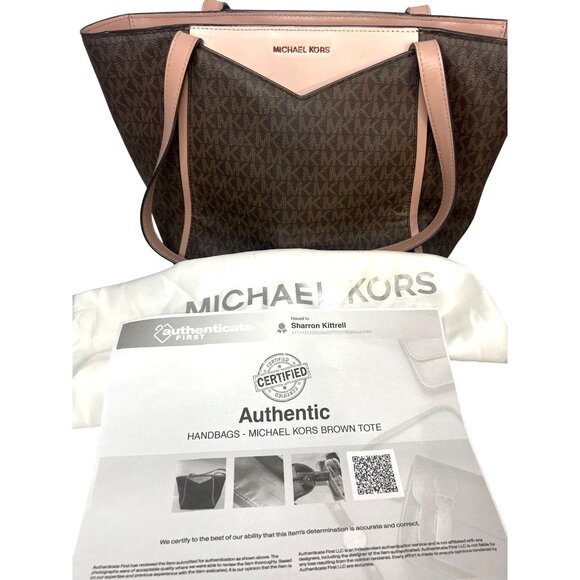 Michael Kors Tote Bag Brown Logo Print Leather Trim Style 30T8TN1T1B Authenticat - Picture 2 of 16